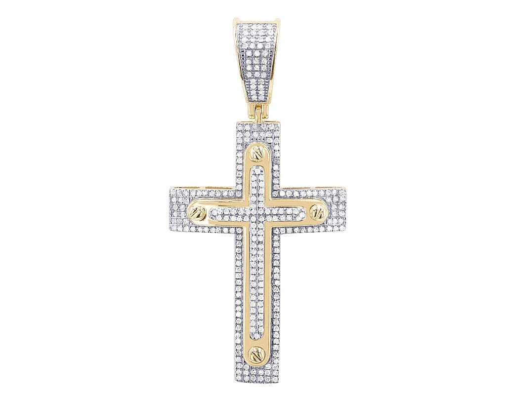 2 LAYER REAL DIAMOND CROSS PENDANT: 2 Layer Real Diamond Cross Pendant Brand: None Type: Pendant Material: 10k Yellow Gold, Main Stone/Creation Natural Color: Yellow Gold Size: Dimension L 2.03" , W 25MM Accessories: None Ac