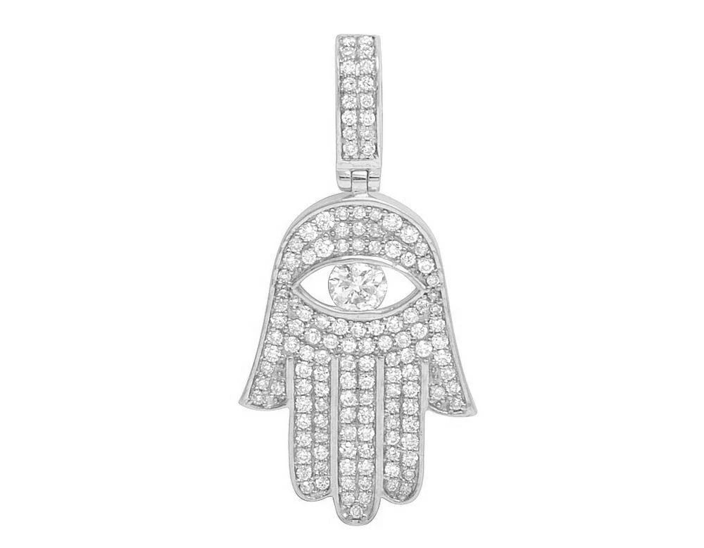 10K WHITE GOLD GENUINE DIAMOND HAMSA HAND SOLITAIRE EVIL EYE PENDANT: 10K White Gold Genuine Diamond Hamsa Hand Solitaire Evil Eye Pendant Brand: None Type: Necklace Material: 10k White Gold, Main Stone/Creation Natural Color: White Gold Size: Dimension 1.2" 