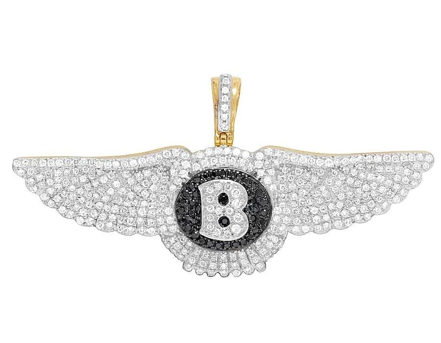 10K YELLOW GOLD BENTLEY FLYING B TREATED BLACK REAL DIAMOND PENDANT: 10K Yellow Gold Bentley Flying B Treated Black Real Diamond Pendant Brand: None Type: Necklace Material: 10k Yellow Gold, Main Stone/Creation Natural Color: Yellow Gold Size: Dimension 1"