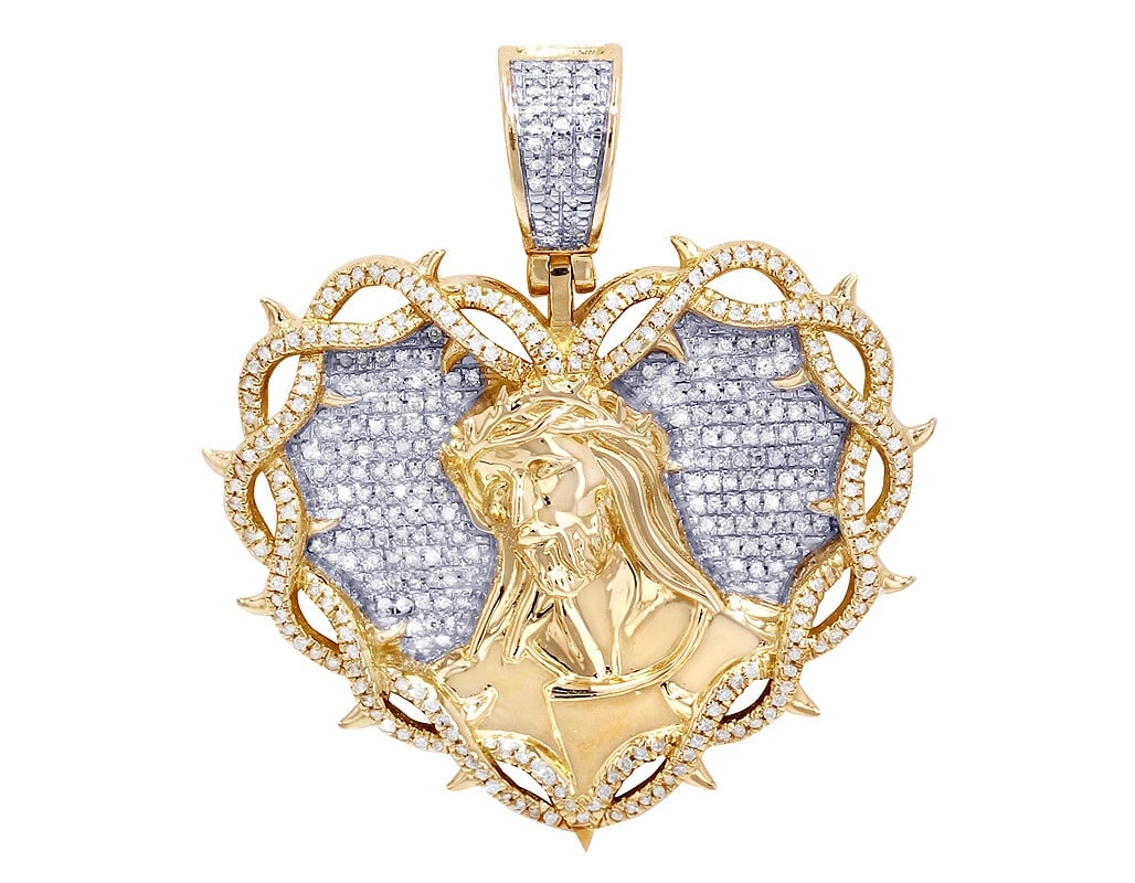 HEART THORN JESUS REAL DIAMOND PENDANT: Heart Thorn Jesus Real Diamond Pendant Brand: None Type: Pendant Material: 10k Multi-Tone Gold, Main Stone/Creation Natural Color: Multi-Tone Gold Size: Length (inches) L 1.5" x W 1.3" x H 4mm Ac