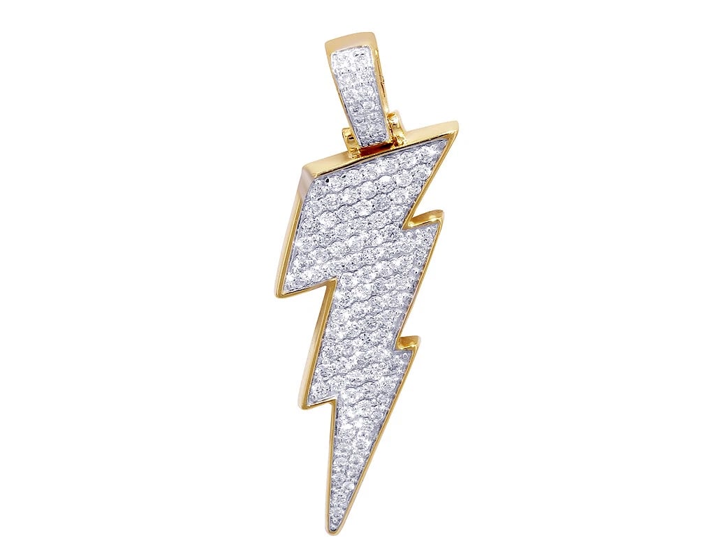 LIGHTNING THUNDERBOLT 10K YELLOW GOLD REAL DIAMOND PENDANT: Lightning Thunderbolt 10k Yellow Gold Real Diamond Pendant Brand: None Type: Necklace Material: 10k Yellow Gold, Main Stone/Creation Natural Color: Yellow Gold Size: Dimension 1.9" Accessories: N