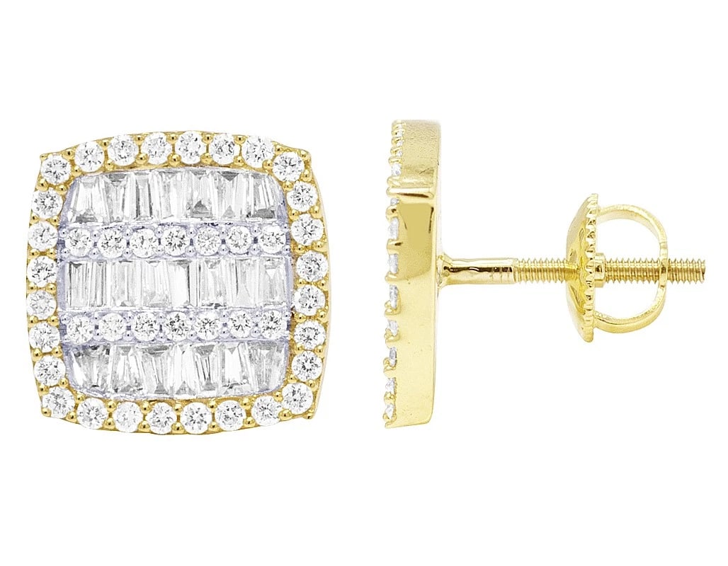 10K GOLD BAGUETTE DIAMOND SQUARE EARRINGS: 10k Gold Baguette Diamond Square Earrings Brand: None Type: Earrings Material: 10k Yellow Gold, Main Stone/Creation Natural Color: Yellow Gold Size: Dimension 12MM Accessories: None Access