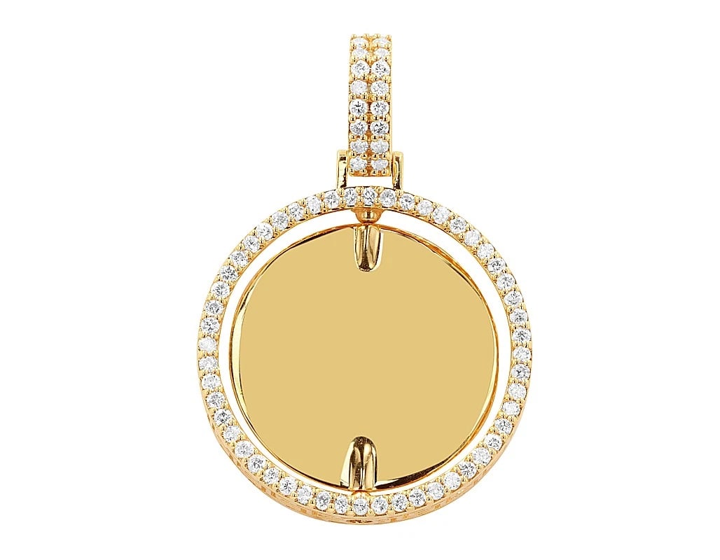 ROTATING DIAMOND HALO ROUND MEMORY PENDANT: Rotating Diamond Halo Round Memory Pendant Brand: None Type: Pendant Material: 10k Yellow Gold, Main Stone/Creation Natural Earth Mined Diamonds Color: Yellow Gold Size: Dimension Diameter 29.6MM