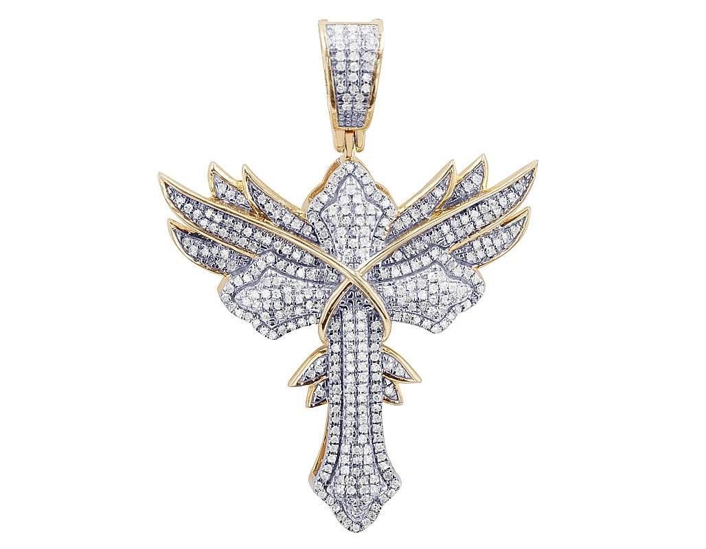 4 ROW REAL DIAMOND WINGED CROSS PENDANT: 4 Row Real Diamond Winged Cross Pendant Brand: None Type: Pendant Material: 10k Yellow Gold, Main Stone/Creation Natural Color: Yellow Gold Size: Dimension L 1.85" , W 34.2MM Accessories: None