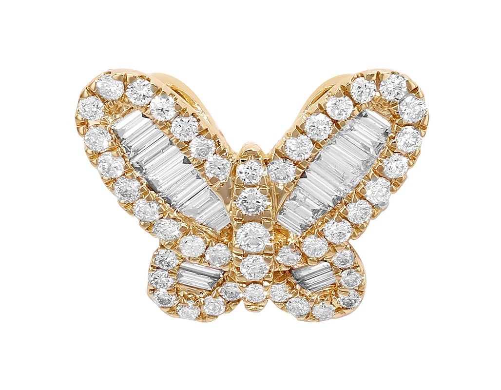 BUTTERFLY BAGUETTE REAL DIAMOND PENDANT 10K YELLOW GOLD: Butterfly Baguette Real Diamond Pendant 10K Yellow Gold Brand: None Type: Necklace Material: 10k Yellow Gold, Main Stone/Creation Natural Color: Yellow Gold Size: Dimension 0.6" Accessories: None