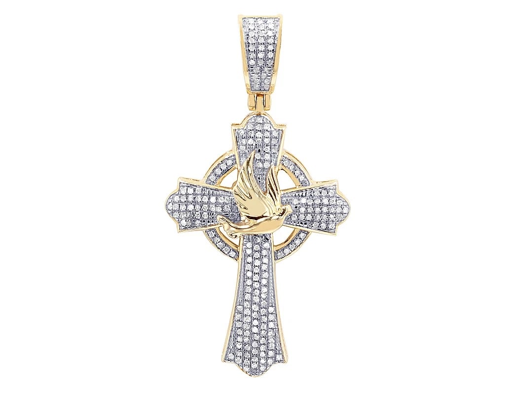 DOVE REAL DIAMOND GOTHIC CROSS PENDANT: Dove Real Diamond Gothic Cross Pendant Brand: None Type: Pendant Material: 10k Yellow-White Gold, Main Stone/Creation Natural Color: Yellow-White Gold Size: Dimension L1.84" , W 23.8MM Accessorie