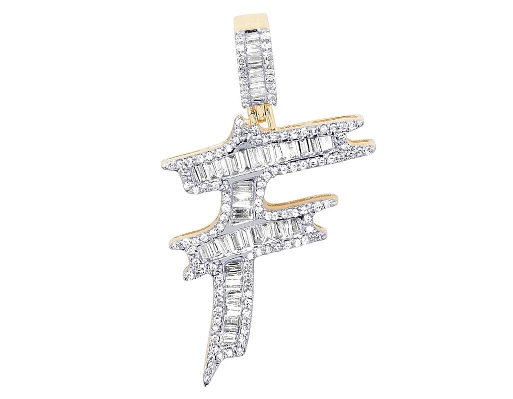 10K YELLOW GOLD DIAMOND BAGUETTE INITIAL "F" PENDANT: 10K Yellow Gold Diamond Baguette Initial "F" Pendant Brand: None Type: Pendant Material: 10k Yellow Gold, Main Stone/Creation Natural Color: Yellow Gold Size: Dimension L 1.35, W 17.1 MM Accessor