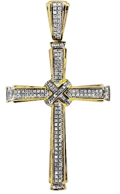 10K YELLOW GOLD 2 ROW GENUINE DIAMOND CENTER CROSS CHARM PENDANT (1 of 3)