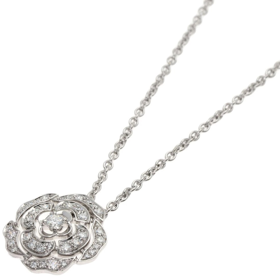 CHANEL CAMELLIA DIAMOND NECKLACE K18 WHITE GOLD: CHANEL Camellia Diamond Necklace K18 White Gold Brand: CHANEL Type: Necklace Material: K18 White Gold, Main Stone/Creation Natural Color: Exterior Color Silver Size: Chain Length:16.9inch/43cm