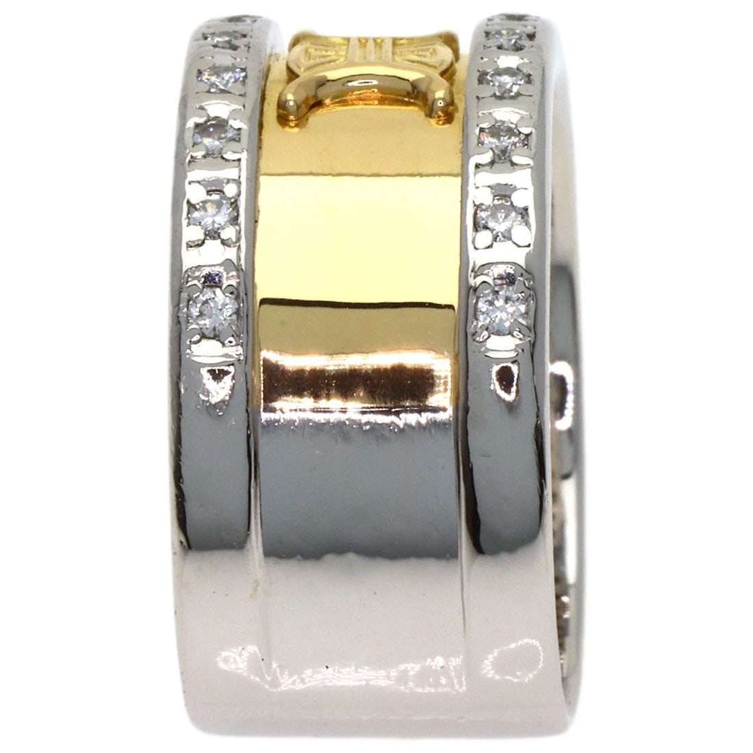 CELINE DIAMOND LOGO RING PLATINUM PT900 18K YELLOW GOLD: CELINE Diamond logo Ring Platinum PT900 18K Yellow Gold Brand: CELINE Type: Ring Material: Platinum PT900, Main Stone/Creation Natural Color: Exterior Color Gold Size: 7 (US) Accessories: