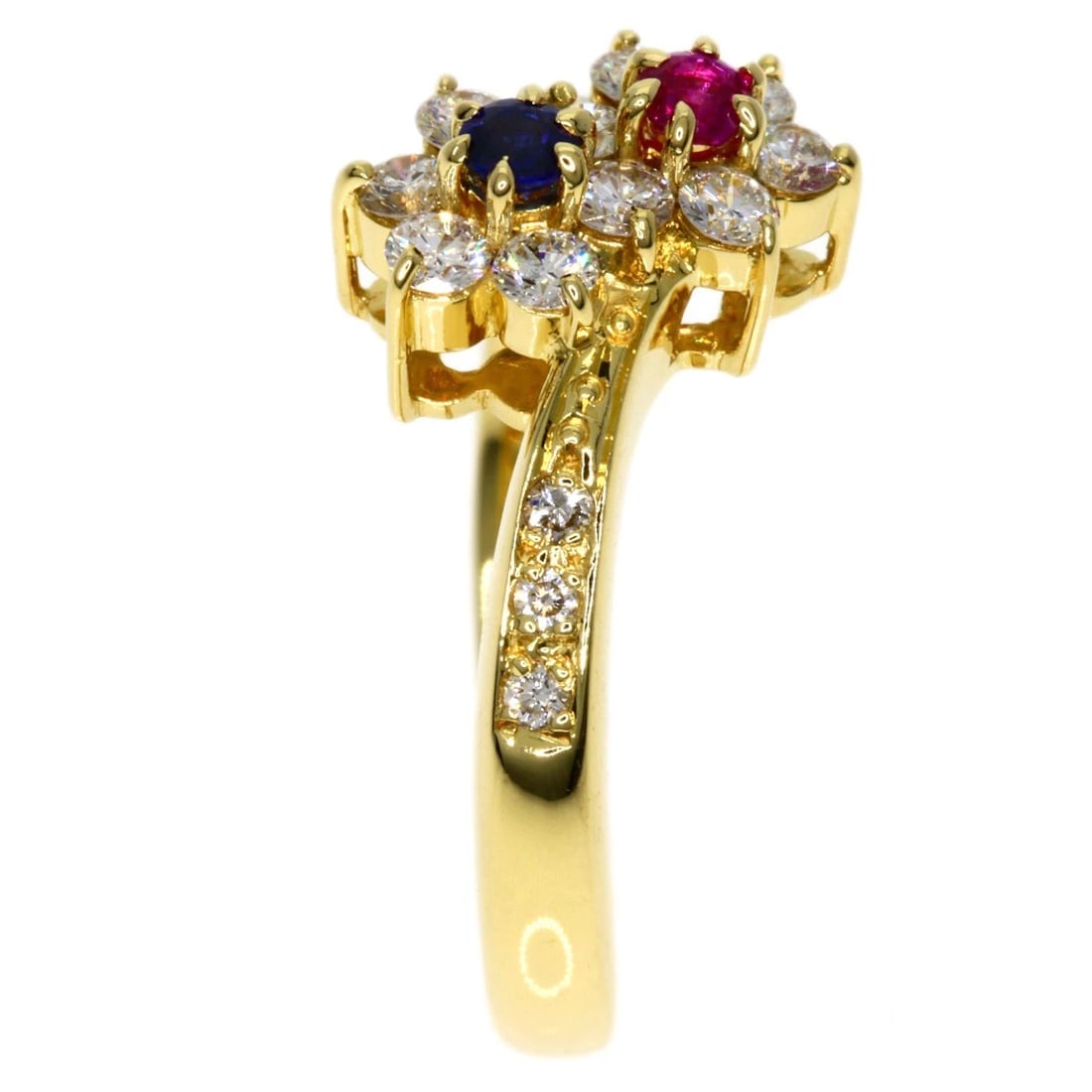 MIKIMOTO FLOWER MOTIF DIAMOND SAPPHIRE RUBY RING: MIKIMOTO Flower Motif Diamond Sapphire Ruby Ring Brand: MIKIMOTO Type: Ring Material: K18 Yellow Gold, Main Stone/Creation Natural Color: Exterior Color Gold Size: 4.75 (US) Accessories: None