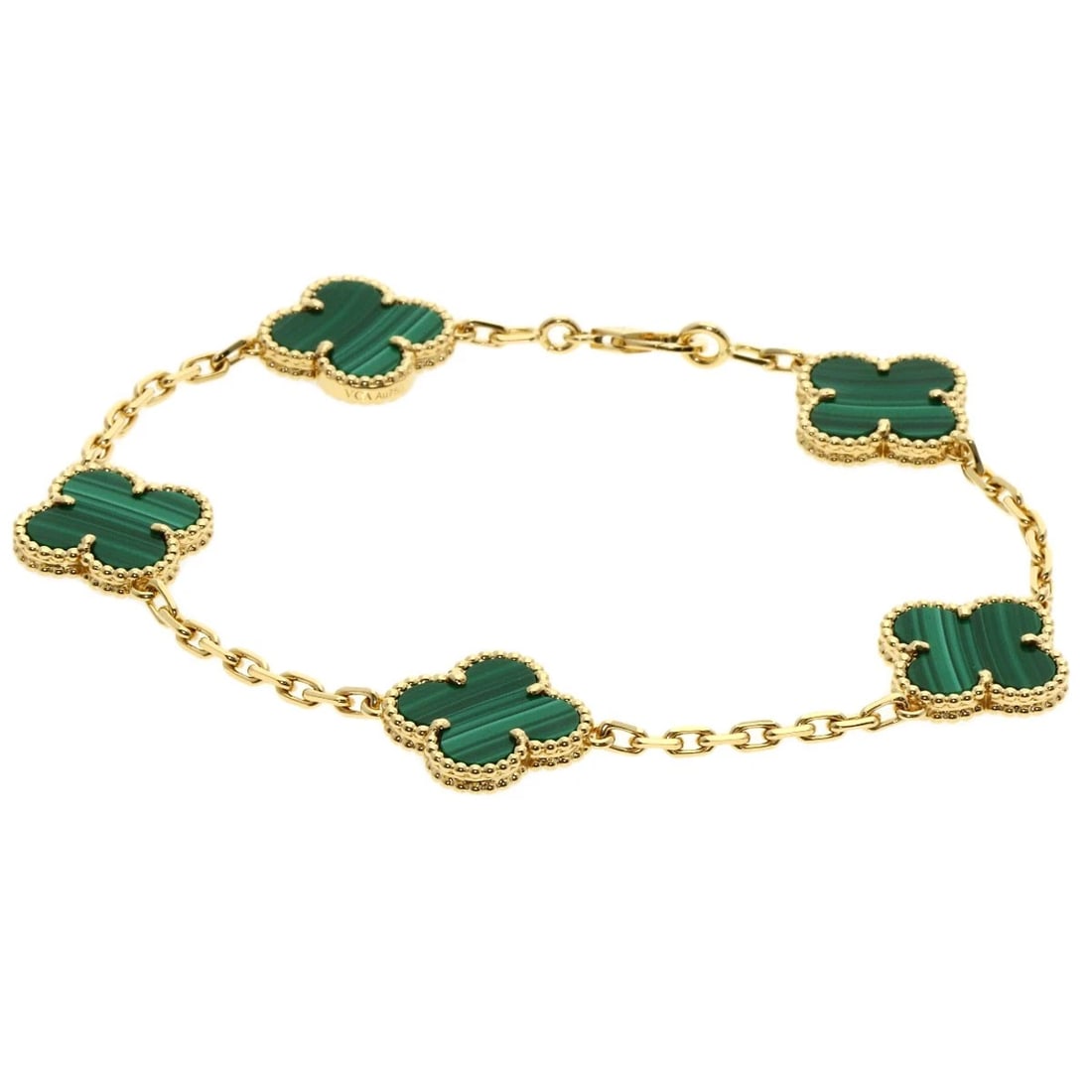 VAN CLEEF & ARPELS VINTAGE ALHAMBRA 5 MOTIF MALACHITE BRACELET: Van Cleef & Arpels Vintage Alhambra 5 Motif Malachite Bracelet Brand: Van Cleef & Arpels Type: Bracelet Material: K18 Yellow Gold, Color: Exterior Color Gold Size: Chain Width:0.8inch/2.1mm
