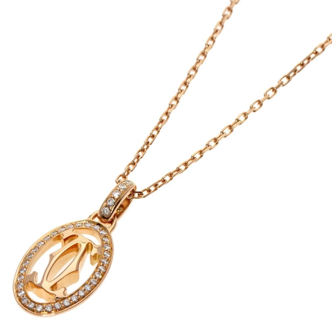 CARTIER LOGO DOUBLE C DIAMOND NECKLACE: CARTIER Logo Double C Diamond Necklace Brand: CARTIER Type: Necklace Material: K18 Pink Gold, Main Stone/Creation Natural Color: Exterior Color Gold Size: Chain Length:15.7inch/40cm Chain