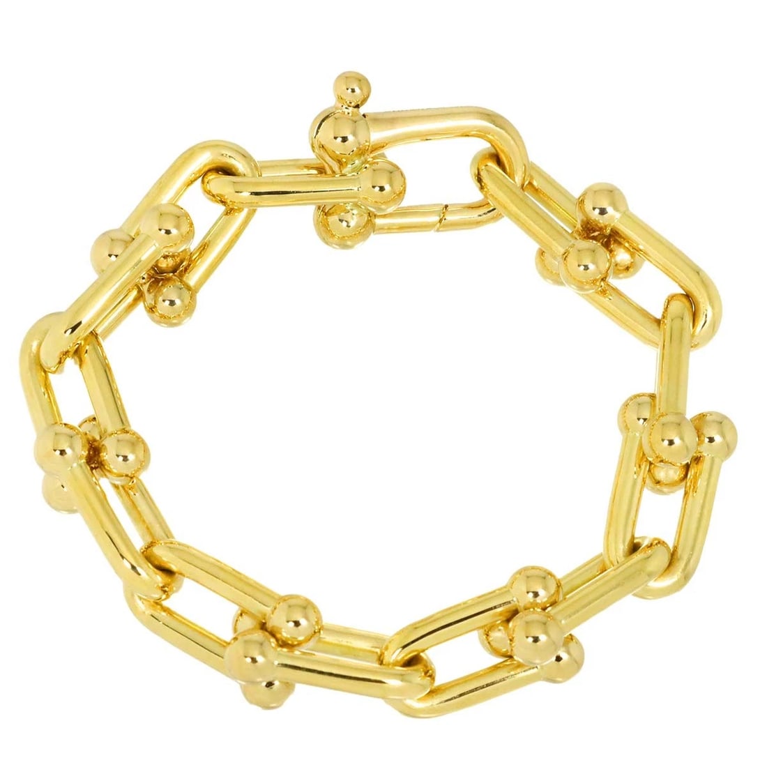 TIFFANY CO. HARDWARE LARGE BRACELET: TIFFANY Co. Hardware Large Bracelet Brand: TIFFANY Co. Type: Bracelet Material: 750 Yellow gold, Color: Gold Size: Inner circumference:6.1inch Width: 12.4mm Accessories: None Accessories N