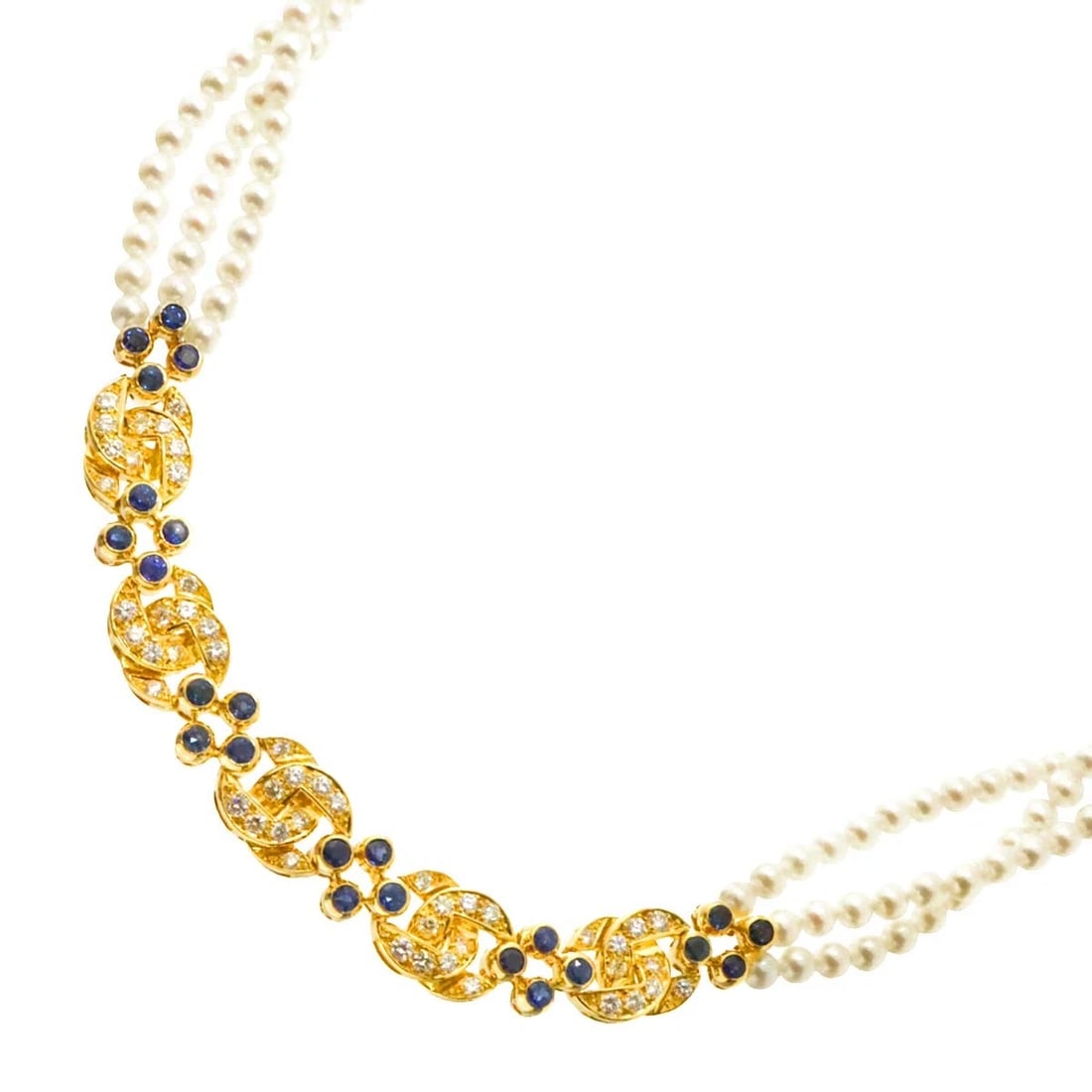 CHAUMET SAPPHIRE DIAMOND AKOYA PEARL NECKLACE: CHAUMET Sapphire Diamond Akoya Pearl Necklace Brand: CHAUMET Type: Necklace Material: 750 Yellow gold, Main Stone/Creation Sapphire Color: Yellow Gold Size: internal circumference of the