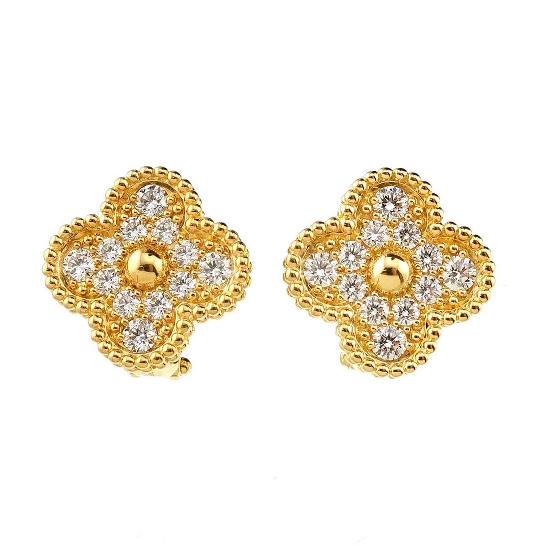 VAN CLEEF ARPELS VINTAGE ALHAMBRA DIAMOND EARRINGS: Van Cleef Arpels Vintage Alhambra Diamond Earrings Brand: Van Cleef Arpels Type: Earrings Material: 750 Yellow gold, Main Stone/Creation Natural Color: Gold Size: W14.8 x H14.8mm Accessories: