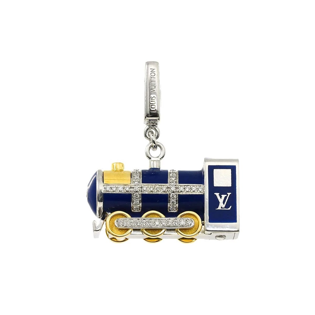 LOUIS VUITTON DIAMOND ENAMEL PENDANT TOP: LOUIS VUITTON Diamond Enamel Pendant Top Brand: LOUIS VUITTON Type: Pendant Material: 750 White Yellow Gold, Main Stone/Creation Natural Color: White Gold Size: W23.8 x H27.7mm Thickness:8mm