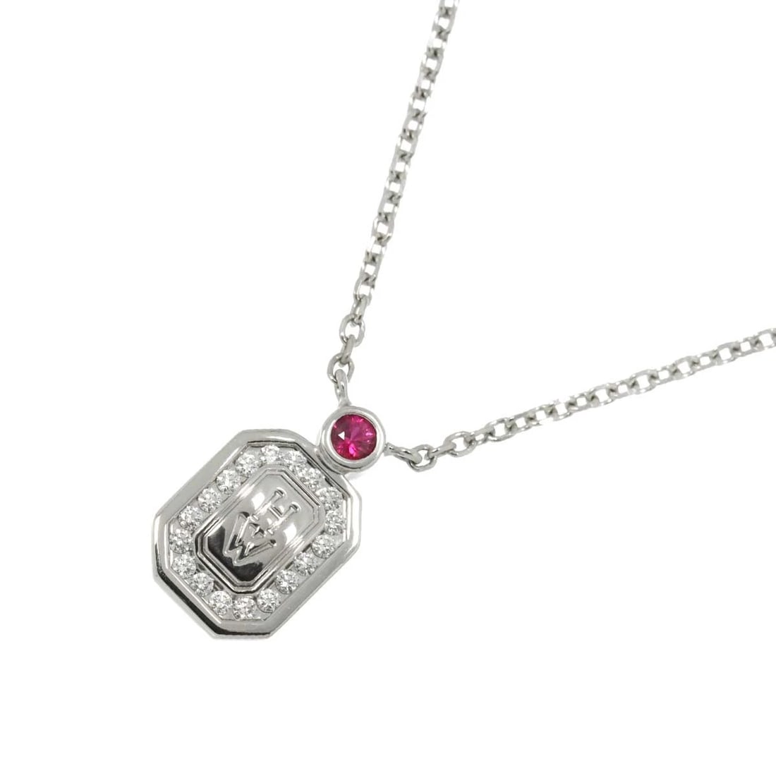 HARRY WINSTON HW LOGO RUBY DIAMOND NECKLACE: HARRY WINSTON HW Logo Ruby Diamond Necklace Brand: HARRY WINSTON Type: Necklace Material: Pt, Main Stone/Creation Natural Color: Platinum Size: internal circumference of the chain: 17.7inch