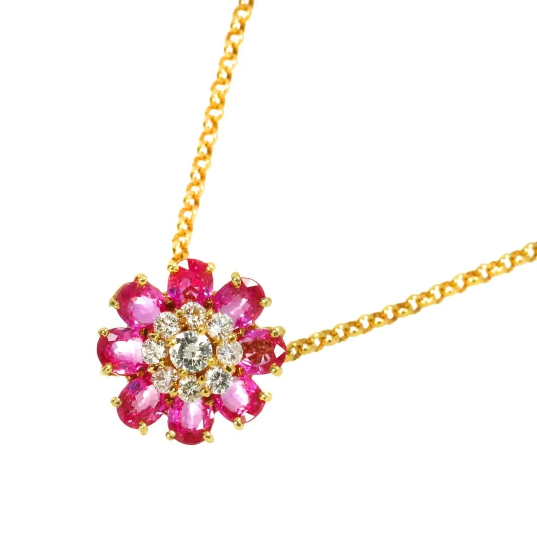 PONTE VECCHIO RUBY DIAMOND FLOWER NECKLACE: Ponte Vecchio Ruby Diamond Flower Necklace Brand: Ponte Vecchio Type: Necklace Material: 750 Pink Gold, Main Stone/Creation Ruby Color: Pink Gold Size: internal circumference of the
