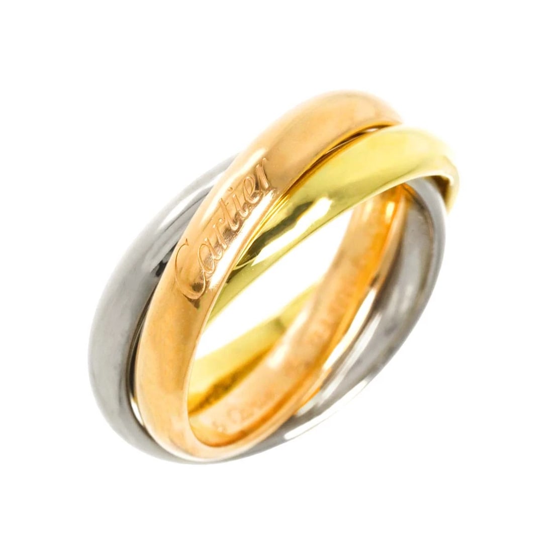 CARTIER TRINITY RING MM 18K YG WG PG 750: Cartier Trinity Ring MM 18K YG WG PG 750 Brand: Cartier Type: Ring Material: 750 Yellow White Pink Gold, Color: Gold Size: 4.5 (US) Accessories: None Accessories Notice: When purchasing pr