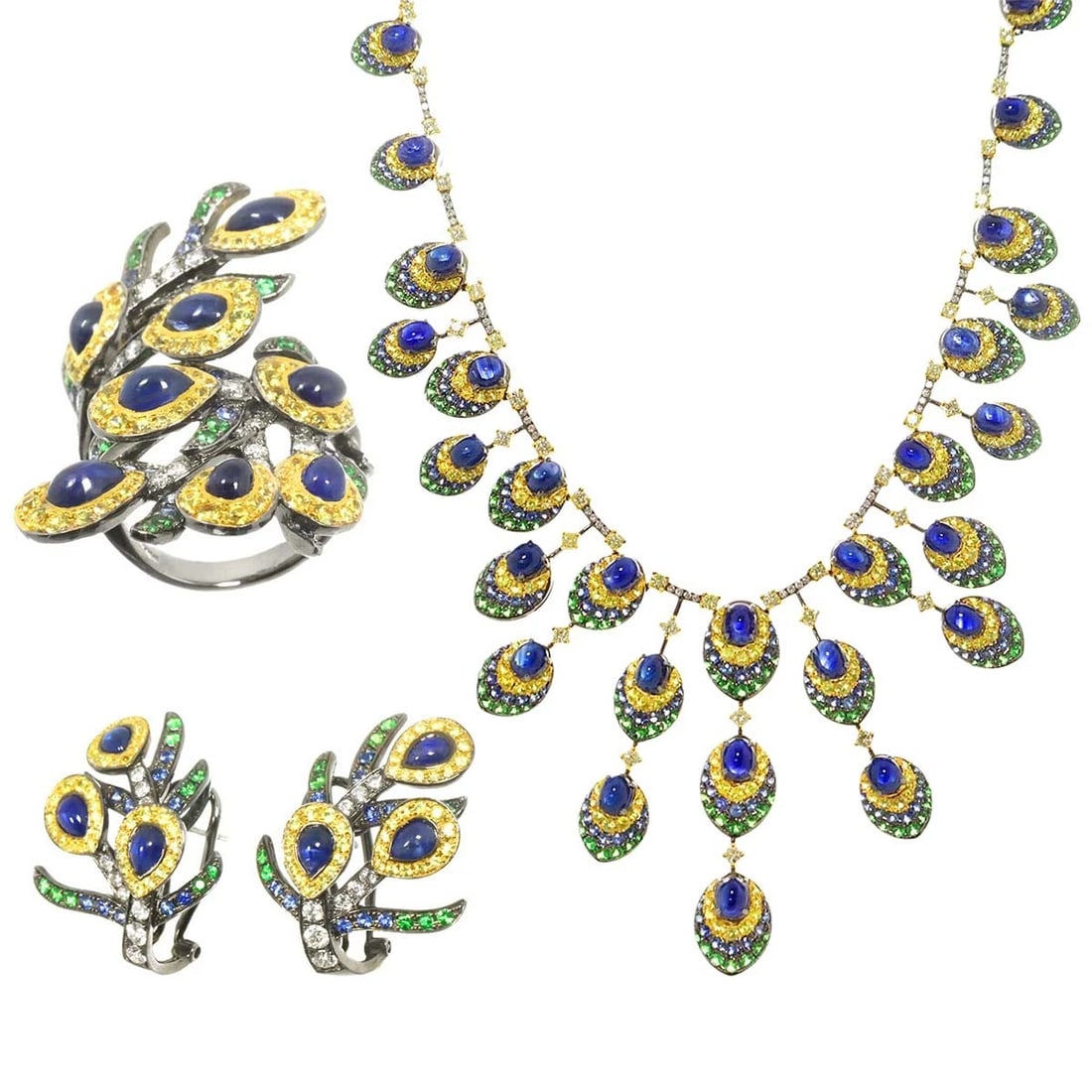 SAPPHIRE GARNET DIAMOND NECKLACE RING EARRINGS: Sapphire Garnet Diamond Necklace Ring Earrings Brand: Unbranded Type: Necklace Material: 750 Yellow gold, Main Stone/Creation Sapphire Color: Yellow Gold Size: Necklace:internal circumference