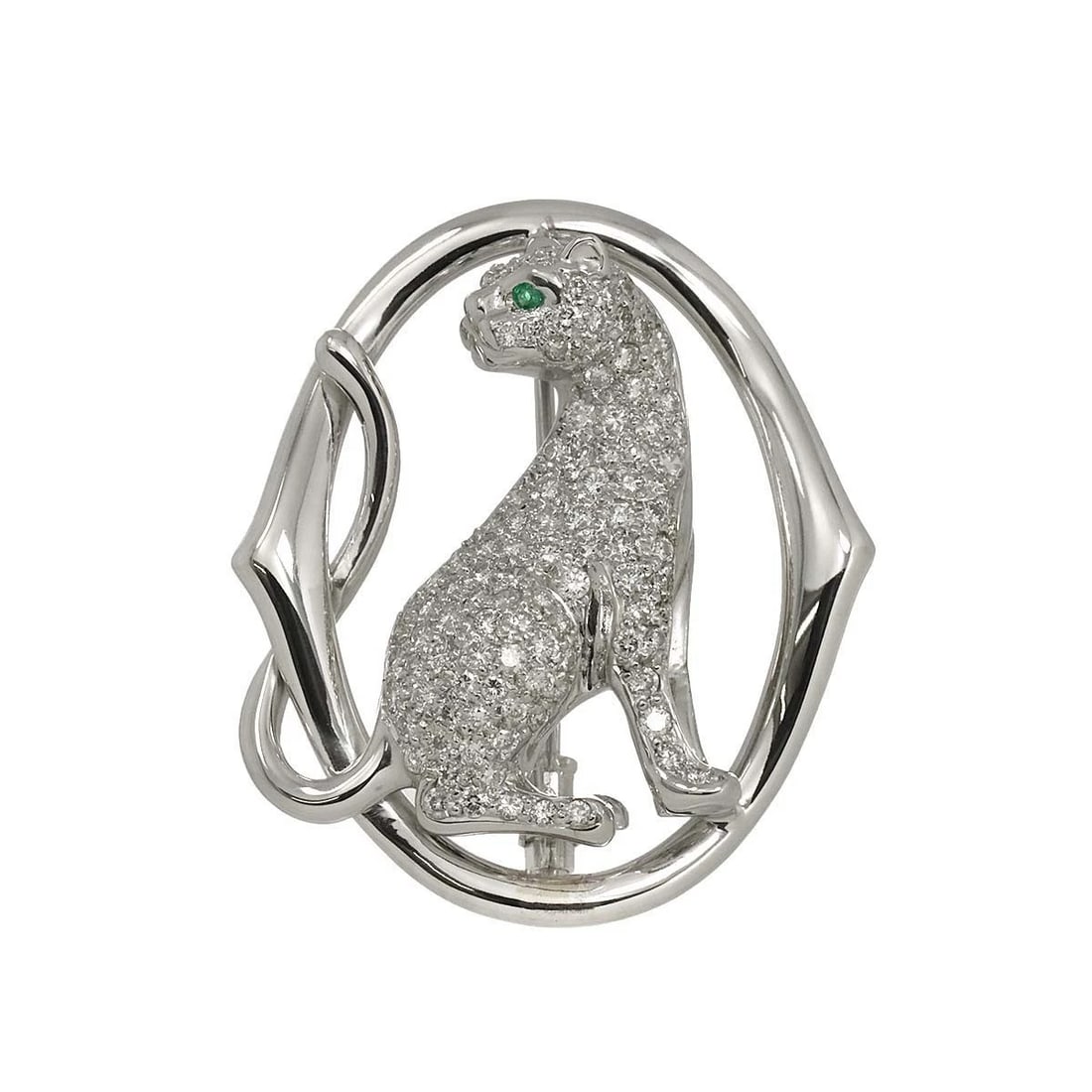 DIAMOND EMERALD BROOCH 18K WG: Diamond Emerald Brooch 18K WG Brand: Unbranded Type: Brooch Material: 750 White Yellow Gold, Main Stone/Creation Natural Color: White Gold Size: W 30.2 X H 35.3mm Thickness(max.):10.8mm 