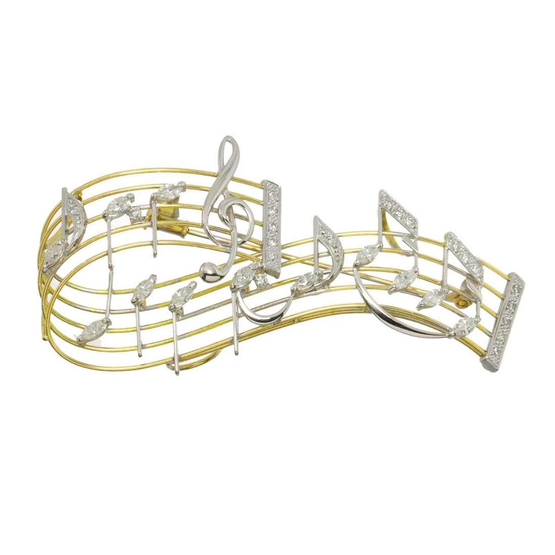 DIAMOND BROOCH 18K WG YG: Diamond Brooch 18K WG YG Brand: Unbranded Type: Brooch Material: 750 White Gold, Main Stone/Creation Natural Color: White Gold Size: W 67.5 X H 34.7mm Thickness(max.):15.2mm Accessories: None