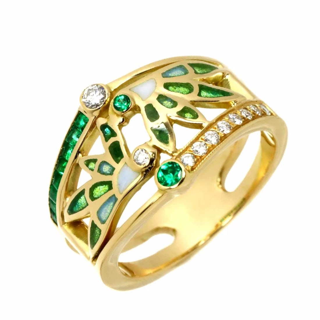 MASRIERA DIAMOND EMERALD ENAMEL RING: MASRIERA Diamond Emerald Enamel Ring Brand: MASRIERA Type: Ring Material: 750 Yellow gold, Main Stone/Creation Natural Color: Gold Size: 6.75 (US) Accessories: None Accessories Notice: When