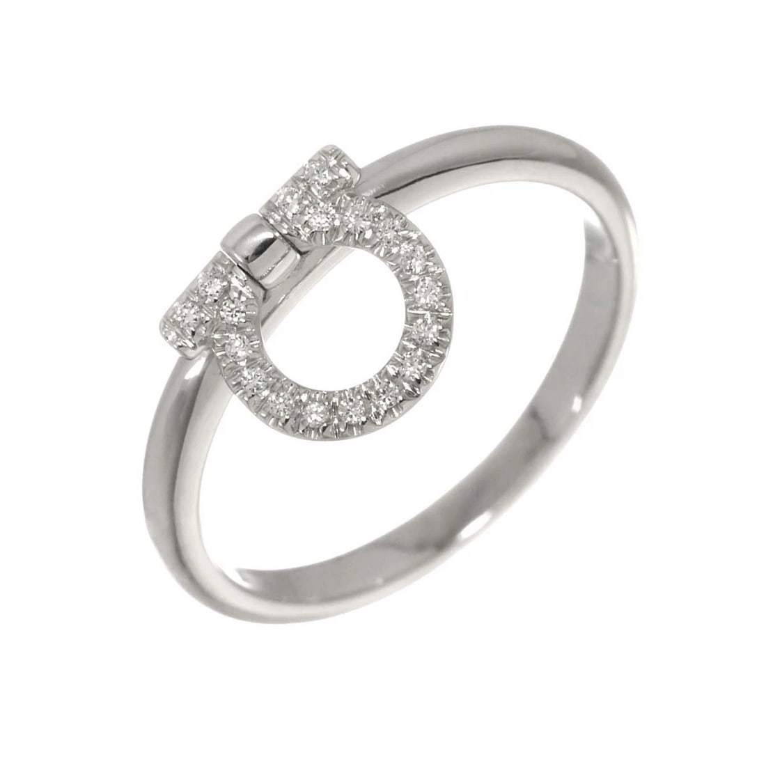 SALVATORE FERRAGAMO GANCINI DIAMOND RING 18K: Salvatore Ferragamo Gancini Diamond Ring 18K Brand: Salvatore Ferragamo Type: Ring Material: 750 White Gold, Main Stone/Creation Natural Color: White Gold Size: 7.5-7.75 (US) Accessories: