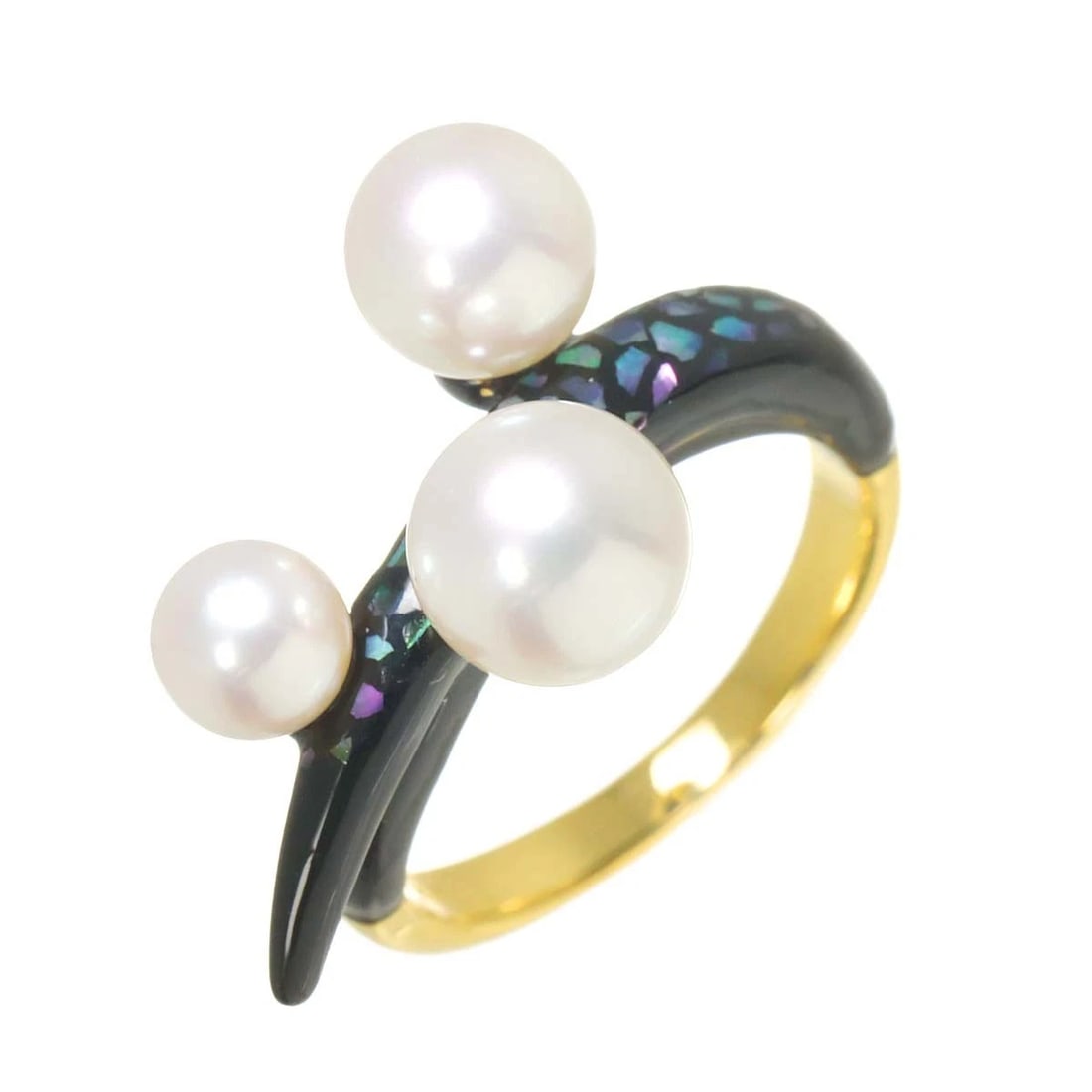 TASAKI AKOYA PEARL ENAMEL MOP RING 18K: TASAKI Akoya Pearl Enamel MOP Ring 18K Brand: TASAKI Type: Ring Material: 750 Yellow gold, Main Stone/Creation Pearl Color: Yellow Gold Size: 6.25-6.5 (US) Accessories: None Accessories