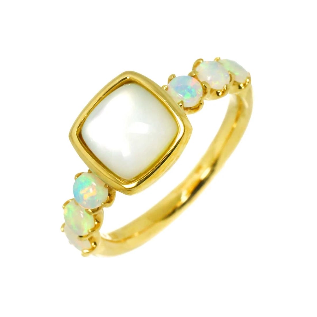 MIKIMOTO PERLITA MOP OPAL RING 18K: MIKIMOTO PERLITA MOP Opal Ring 18K Brand: MIKIMOTO/PERLITA Type: Ring Material: 750 Yellow gold, Main Stone/Creation Opal Color: Yellow Gold Size: 5-5.25 (US) Accessories: None Accessories