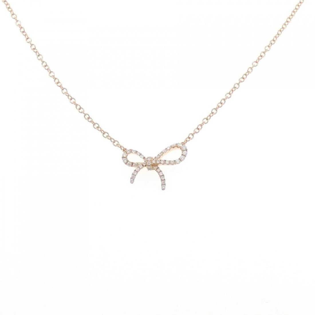750PG RIBBON DIAMOND NECKLACE: 750PG Ribbon Diamond Necklace Brand: Unbranded Type: Necklace Material: 750 Pink Gold, Main Stone/Creation Natural Color: Pink Gold Size: 42cmActualSize Pendant top H x W: 10.8mmx15.7mm Chain