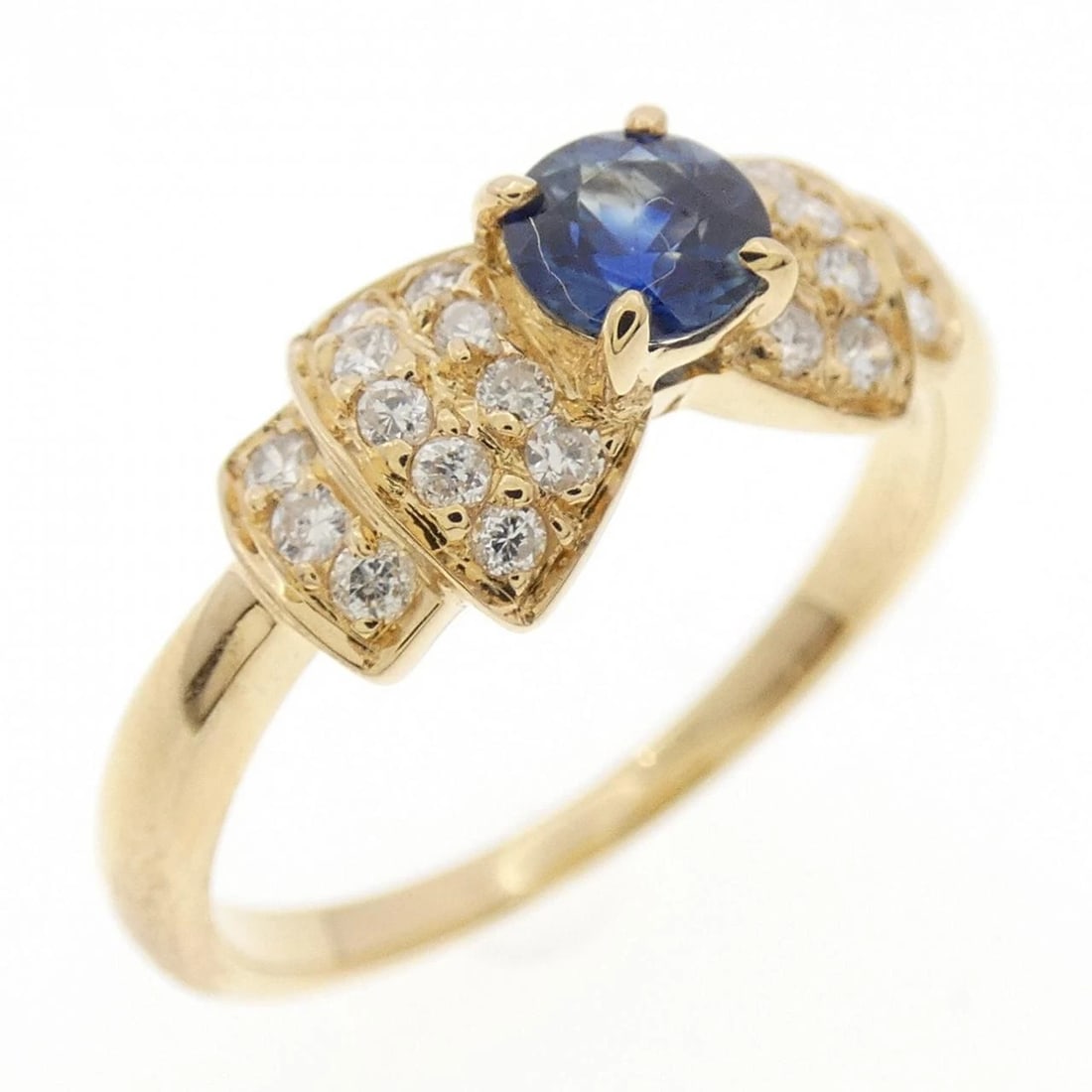 K18YG RIBBON SAPPHIRE RING: K18YG Ribbon Sapphire Ring Brand: Unbranded Type: Ring Material: K18 Yellow Gold, Main Stone/Creation sapphire Color: yellow gold Size: 6.5US Accessories: None Accessories Notice: When