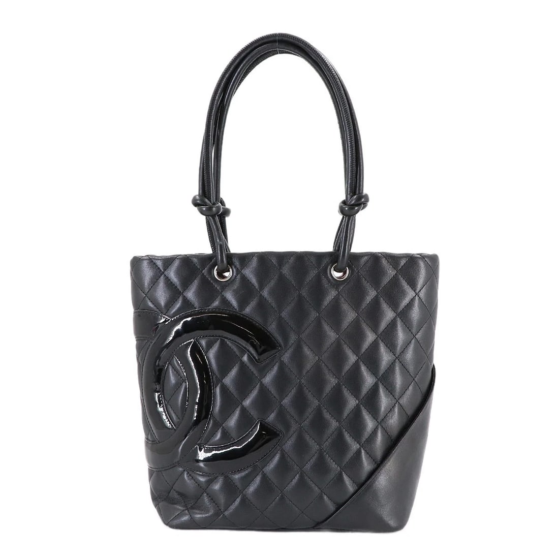 CHANEL CAMBON LINE MEDIUM TOTE BAG LEATHER ENAMEL BLACK TOTE BAG: CHANEL Cambon Line Medium Tote Bag Leather Enamel Black Tote Bag Brand: CHANEL Type: Tote Bag Material: Leather , Enamel Color: Black Size: W 7.87 inch, H 9.45 inch, D 4.72 inch Handle 17.3inch (4