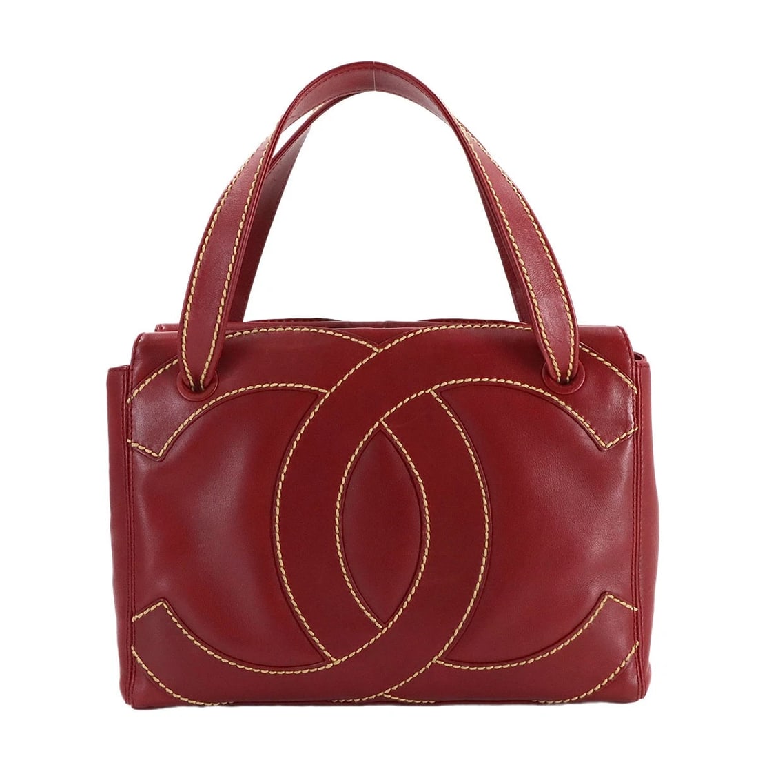 CHANEL CC LOGO HAND BAG LEATHER RED VINTAGE PURSE HAND BAG: CHANEL CC logo Hand Bag Leather Red Vintage Purse Hand Bag Brand: CHANEL Type: Hand Bag Material: Leather Color: Red Size: W 11.02 inch, H 8.27 inch, D 3.54 inch Handle 15inch (38cm) Accessories: