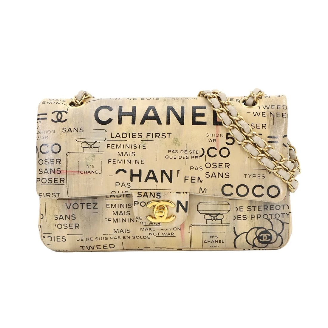 CHANEL NEWSPAPER PRINT CHAIN SHOULDER BAG LEATHER SHOULDER BAG: CHANEL Newspaper Print Chain Shoulder Bag Leather Shoulder Bag Brand: CHANEL Type: Shoulder Bag Material: Leather Color: Beige Size: W 10.04 inch, H 6.10 inch, D 2.56 inch Accessories: None