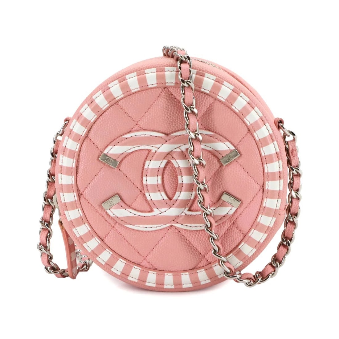 CHANEL CC FILIGREE CHAIN SHOULDER BAG LEATHER PINK WHITE SHOULDER BAG: CHANEL CC Filigree Chain Shoulder Bag Leather Pink White Shoulder Bag Brand: CHANEL Type: Shoulder Bag Material: Leather Color: Pink , White Size: W 4.72 inch, H 4.92 inch, D 1.97 inch Accessorie