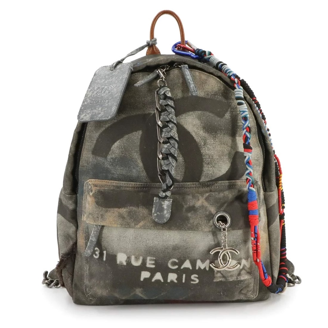 CHANEL GRAFFITI BACKPACK CANVAS LEATHER KHAKI GRAY BACKPACK: CHANEL Graffiti Backpack Canvas Leather Khaki Gray Backpack Brand: CHANEL Type: Backpack Material: Canvas , Leather Color: Khaki Size: W 10.83 inch, H 13.78 inch, D 4.72 inch Handle 6.7inch (17cm)