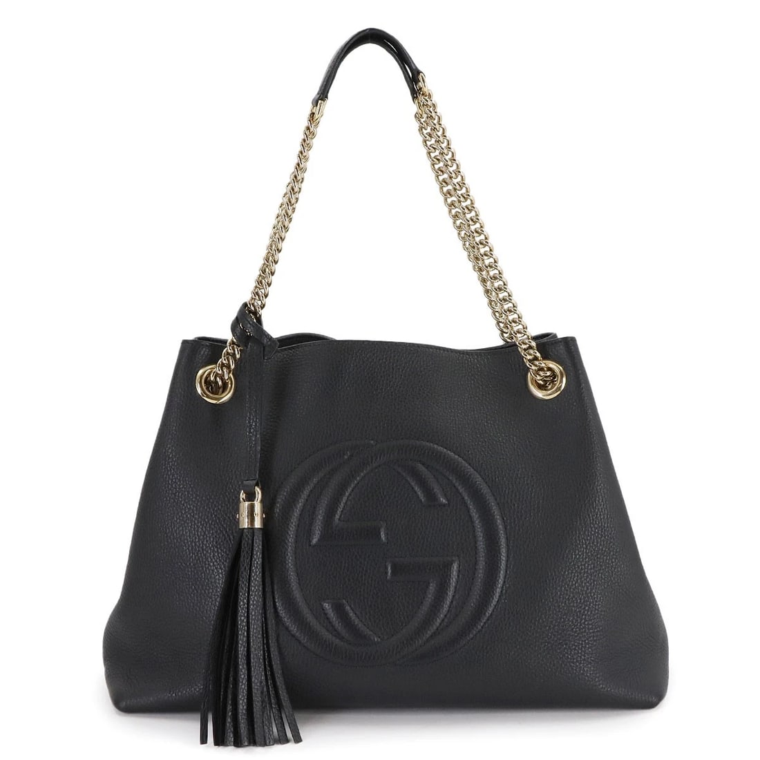 GUCCI INTERLOCKING G SOHO CHAIN TOTE BAG LEATHER BLACK TOTE BAG: GUCCI Interlocking G Soho Chain Tote Bag Leather Black Tote Bag Brand: GUCCI Type: Tote Bag Material: Leather Color: Black Size: W 14.57 inch, H 9.84 inch, D 5.71 inchHandle 19.3inch (49cm) Acces