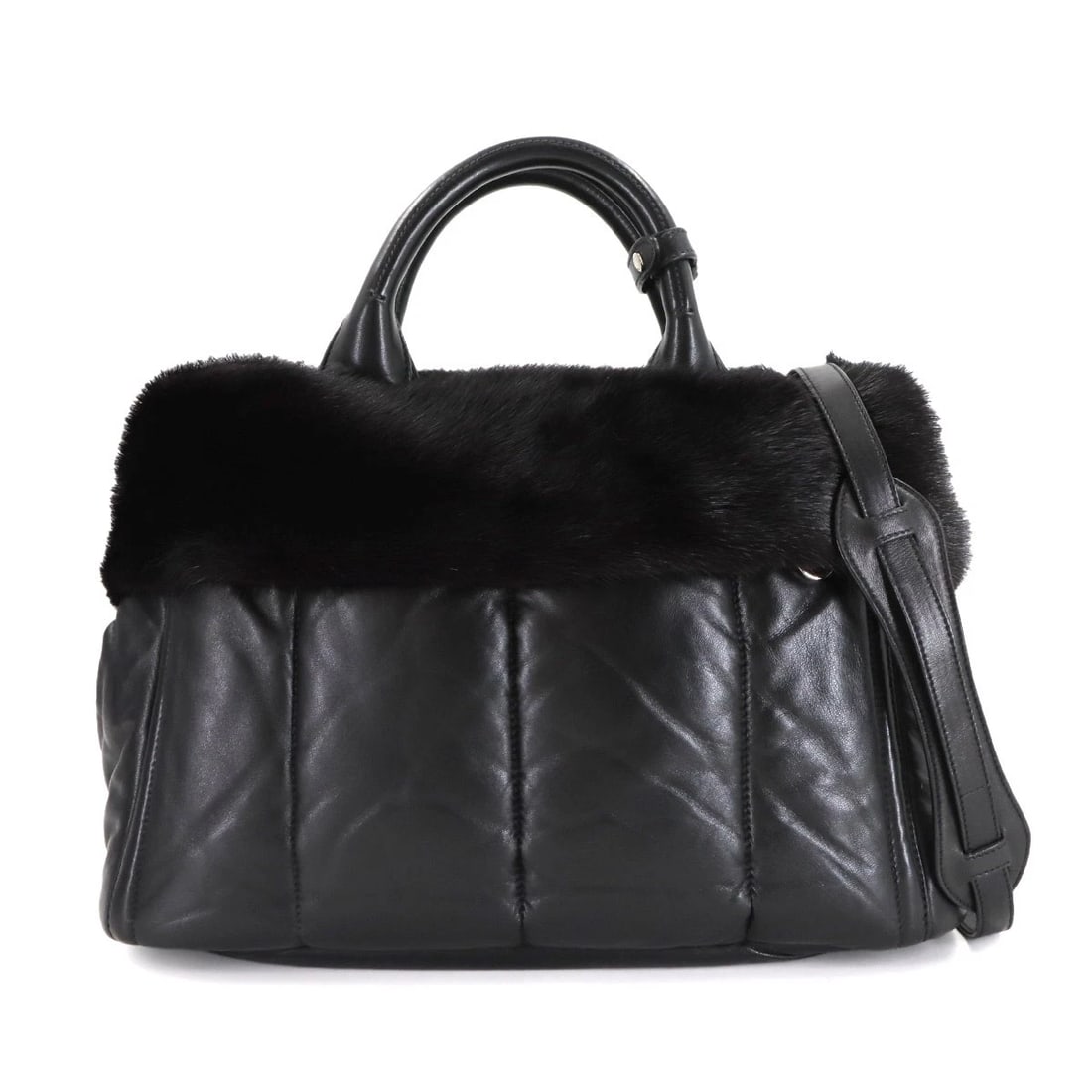 PRADA 2WAY TOTE SHOULDER BAG LEATHER FUR BLACK TOTE BAG / SHOULDER BAG: PRADA 2way Tote Shoulder Bag Leather Fur Black Tote Bag / Shoulder Bag Brand: PRADA Type: Tote Bag / Shoulder Bag Material: Leather , Fur Color: Black Size: W 14.17 inch, H 9.84 inch, D 7.09 inchH