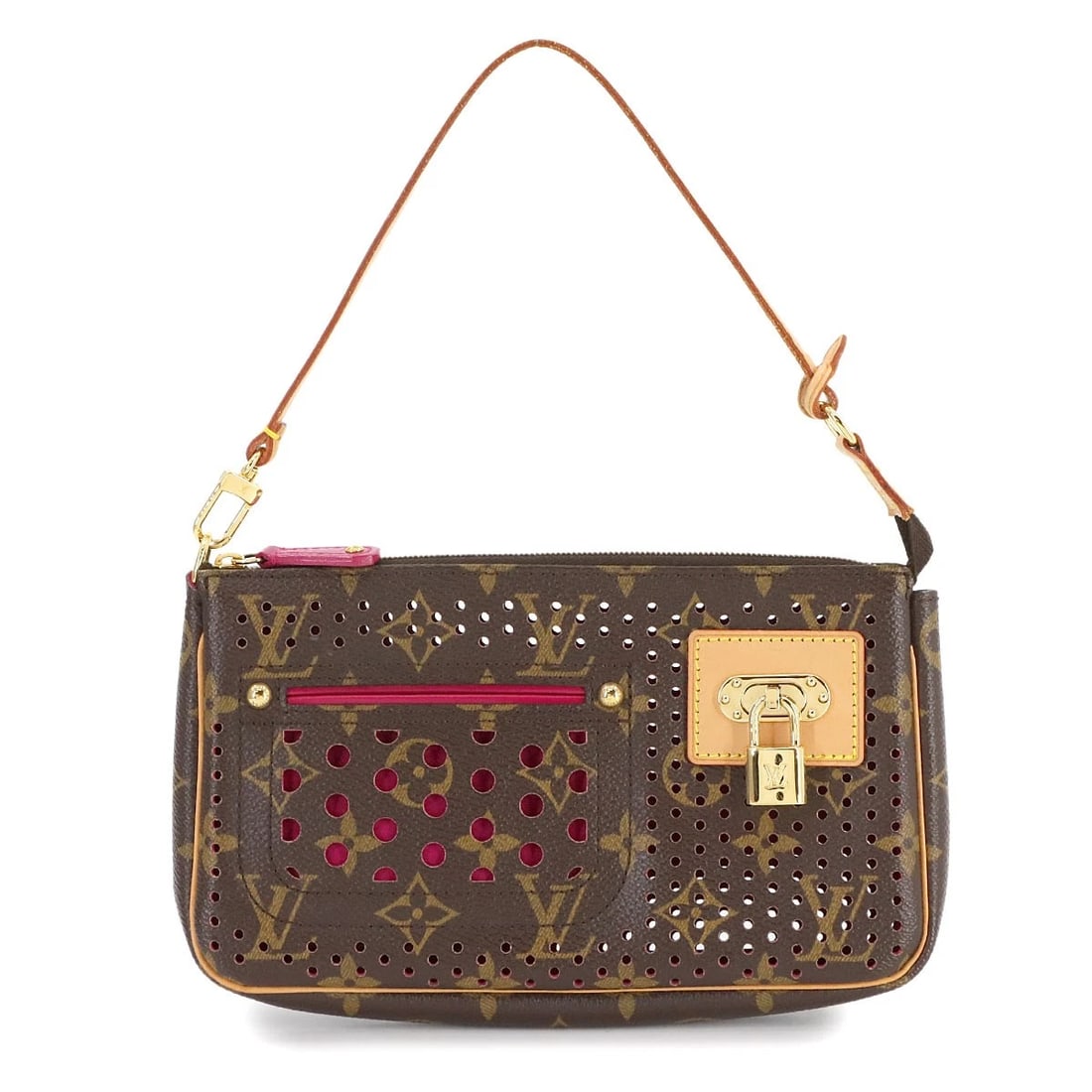 LOUIS VUITTON MONOGRAM PERFO POCHETTE ACCESSOIRE HAND BAG HAND BAG: LOUIS VUITTON Monogram Perfo Pochette Accessoire Hand Bag Hand Bag Brand: LOUIS VUITTON Type: Hand Bag Material: Monogram Perfo Canvas Color: Monogram , Fuchsia Size: W 8.27 inch, H 5.12 inch, D 1
