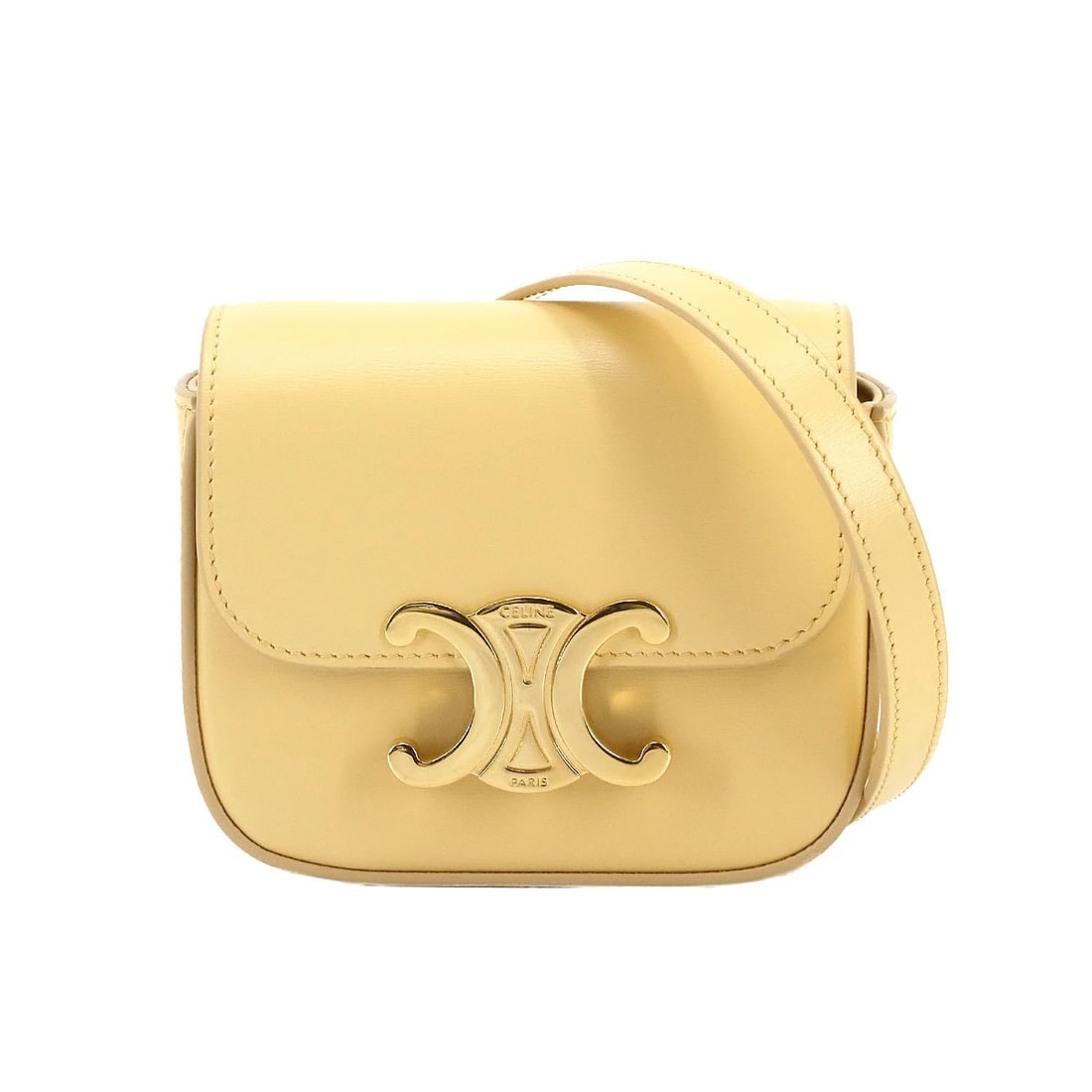 CELINE TRIOMPHE CLAUDE MINI SHOULDER BAG LEATHER YELLOW SHOULDER BAG: CELINE Triomphe Claude Mini Shoulder Bag Leather Yellow Shoulder Bag Brand: CELINE Type: Shoulder Bag Material: Leather Color: Yellow Size: W 4.72 inch, H 3.74 inch, D 1.57 inch Accessories: None
