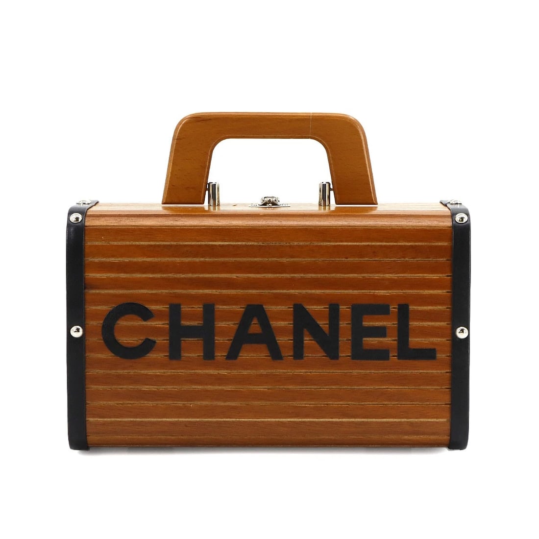CHANEL WOOD VANITY HAND BAG LEATHER BROWN BLACK HAND BAG: CHANEL Wood Vanity Hand Bag Leather Brown Black Hand Bag Brand: CHANEL Type: Hand Bag Material: Wood , Leather Color: Brown , Black Size: W 9.84 inch, H 5.91 inch, D 4.72 inchHandle6.3inch (16cm)