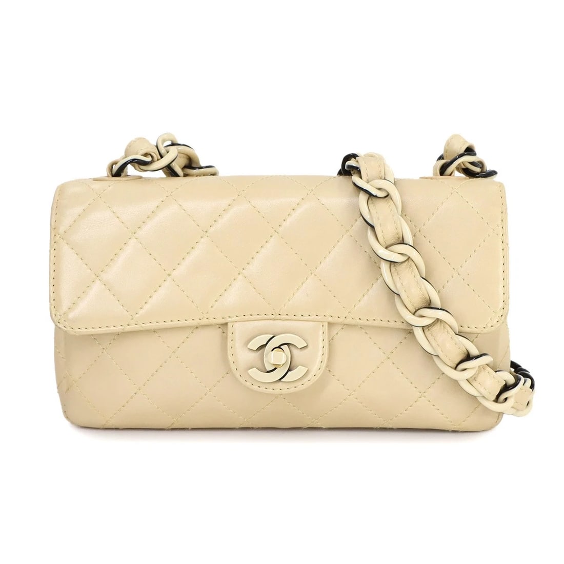 CHANEL MATELASSE PLASTIC CHAIN SHOULDER BAG: CHANEL Matelasse Plastic Chain Shoulder Bag Brand: CHANEL Type: Shoulder Bag Material: Leather Color: Beige , Balck Size: W 8.27 inch, H 4.92 inch, D 2.76 inch Accessories: None Accessorie