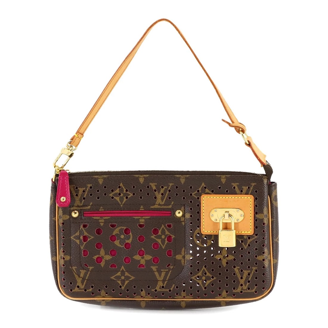 LOUIS VUITTON MONOGRAM PERFO POCHETTE ACCESSOIRE HAND BAG HAND BAG: LOUIS VUITTON Monogram Perfo Pochette Accessoire Hand Bag Hand Bag Brand: LOUIS VUITTON Type: Hand Bag Material: Monogram Perfo Canvas Color: Brown , Fuchsia Size: W 8.27 inch, H 4.92 inch, D 1.57