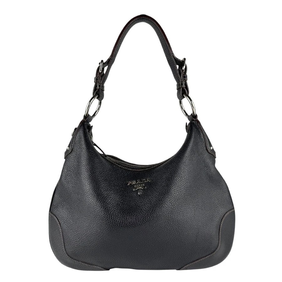 PRADA SHOULDER BAG BLACK/BROWN LEATHER SHOULDER BAG: PRADA Shoulder Bag Black/Brown Leather Shoulder Bag Brand: PRADA Type: Shoulder Bag Material: Leather Color: Black Size: W:13.4inx H:9.4inx D:2.0in Shoulder Length: 17.7in Accessories: None