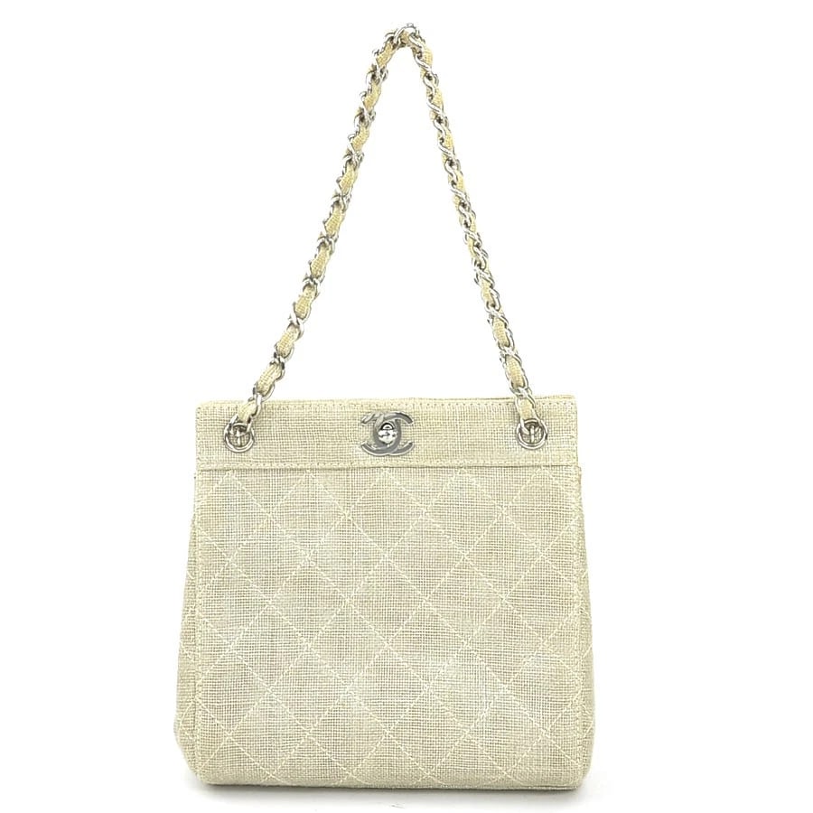 CHANEL HANDBAG BEIGE/SILVER CANVAS/METAL HANDBAG (1 of 10)