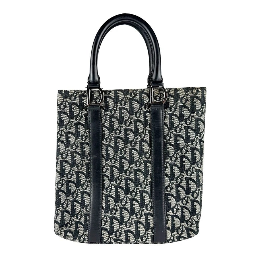 CHRISTIAN DIOR TROTTER HANDBAG NAVY CANVAS HANDBAG: Christian Dior Trotter Handbag Navy Canvas Handbag Brand: Christian Dior Type: Handbag Material: Canvas x Leather Color: Navy Size: W:9.4inx H:10.2inx D:2.4in Handle Length:14.6in Accessories: No