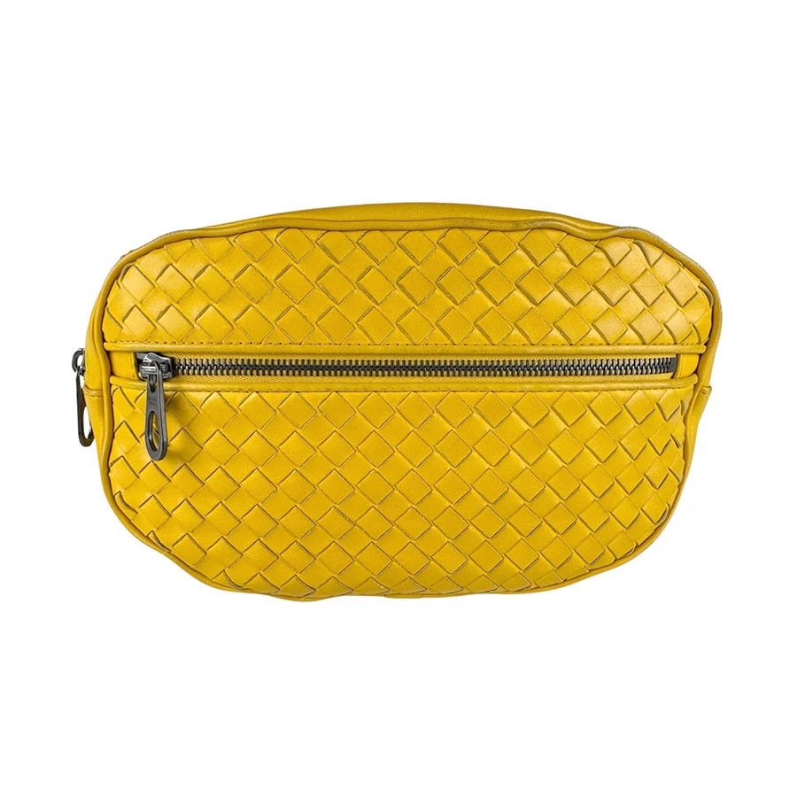 BOTTEGAVENETA INTRECCIATO WAIST BAG WAIST BAG: BOTTEGAVENETA Intrecciato Waist Bag Waist bag Brand: BOTTEGAVENETA Type: Waist bag Material: Leather Color: Yellow Size: W:9.4inx H:5.9inx D:2.8in Shoulder Length: 40.6in Accessories: None