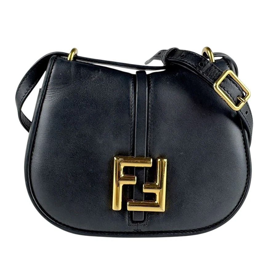 FENDI SHOULDER BAG BLACK/GOLD LEATHER/METAL SHOULDER BAG: FENDI Shoulder Bag Black/Gold Leather/Metal Shoulder Bag Brand: FENDI Type: Shoulder Bag Material: leather Color: Black Size: W:7.9inx H:5.9inx D:2.4in Shoulder Length: 47.2in Accessories: None